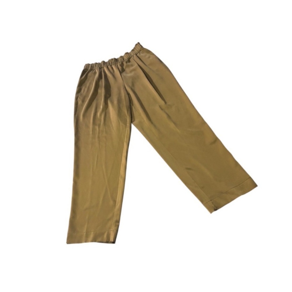 Lafayette 148 Crop Leg Pants Womens M Olive Bronze Excellent Elastic Waist Silk